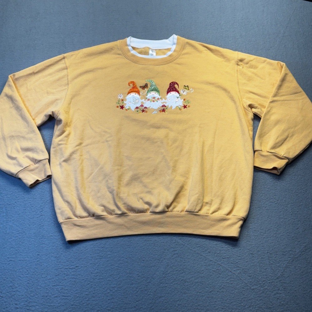 Morning Sun Gnome Sweatshirt XL Yellow Embroidered Garden Pullover Vintage Style